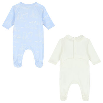 Baby Boys Blue & Ivory Logo & Animals Babygrows ( 2-Pack )
